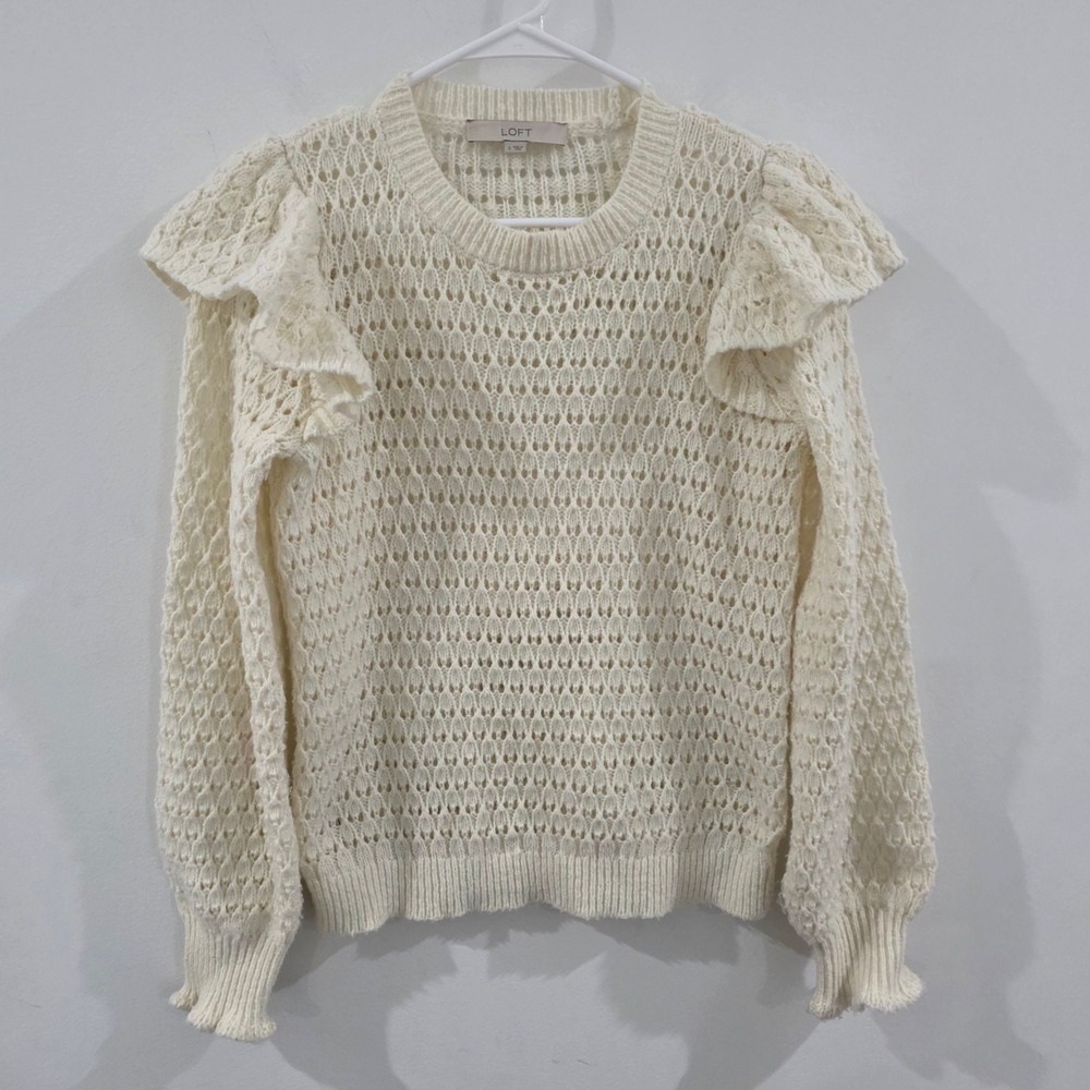 LOFT Womens Pointelle Knit Sweater Size Small Cream Ruffle Open Knit Crochet